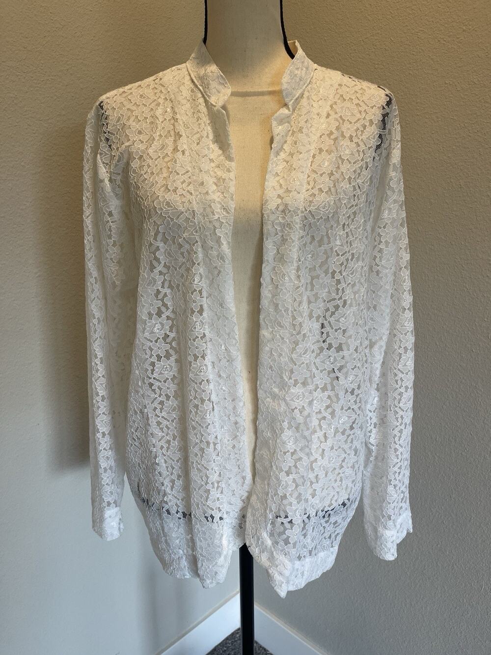 Tudor Court Large Vintage Lace Sheer Open Front Cardigan Jacket White